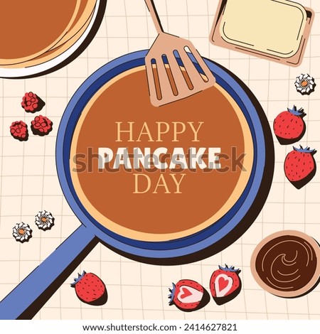 Happy pancake day. pancake day background. National Pancake Day. Cartoon Vector illustration design Template for Poster, Banner, Flyer, Card, Post, Cover. Pancakes stack with berries or honey.