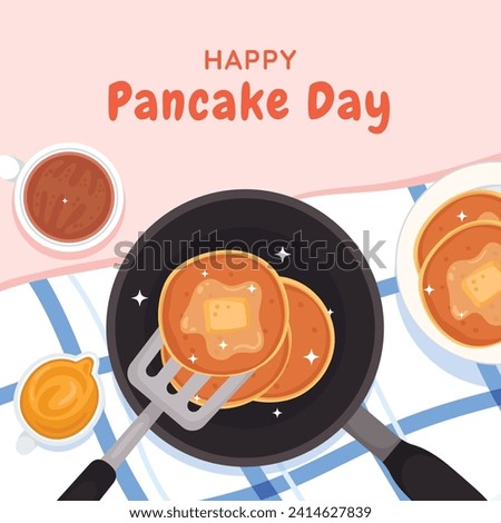Happy pancake day. pancake day background. National Pancake Day. Cartoon Vector illustration design Template for Poster, Banner, Flyer, Card, Post, Cover. Pancakes stack with berries or honey.