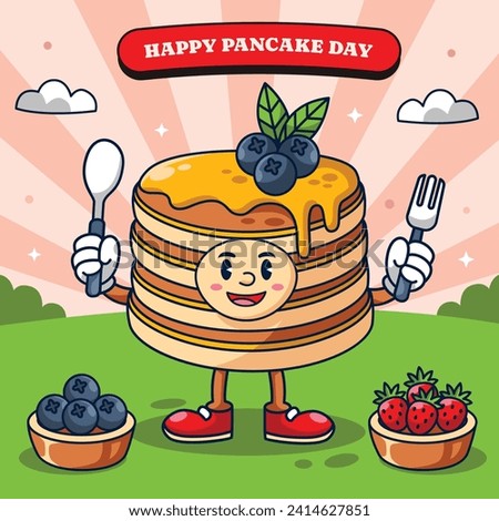 Happy pancake day. pancake day background. National Pancake Day. Cartoon Vector illustration design Template for Poster, Banner, Flyer, Card, Post, Cover. Pancakes stack with berries or honey.