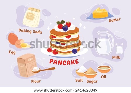 pancakes illustration. Cartoon pancakes. Stacks of tasty pancakes with maple syrup, butter, chocolate syrup, fruits and jam. Delicious breakfast food. vector illustrations.