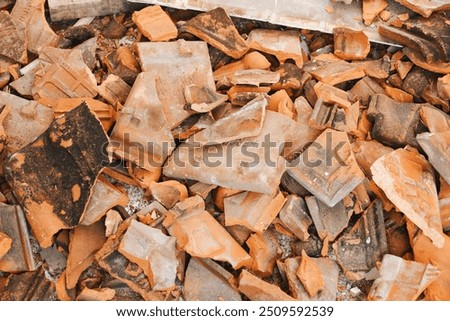 Image, Stock Photo Red-brown curved roof tiles on the roof of an old building with chimney in the sunshine in Oerlinghausen near Bielefeld on the Hermannsweg in the Teutoburg Forest in East Westphalia-Lippe