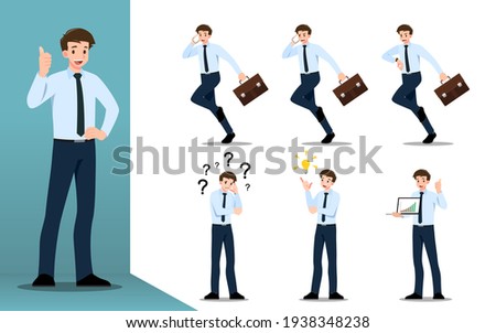 Flat design concept of Businessman with different poses, working and presenting process gestures, actions and poses. Vector cartoon character design set. 