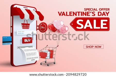Online shopping in Happy Valentines Day theme with heart balloons and shopping cart 3d perspective vector design. Trading online by credit card convenience to customer who use the service.