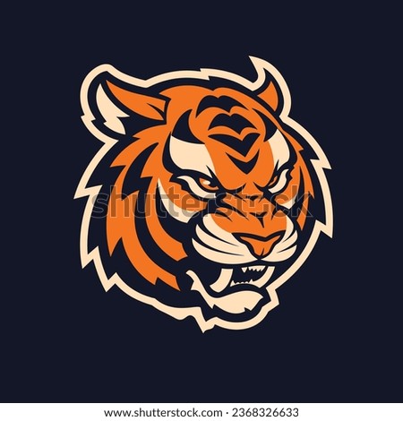 logo illustration of a tiger creature, bold shades of orange, cream and blue. In the style of Sport and E-sport logos and mascots. Perfect for college, varsity or pro sport teams