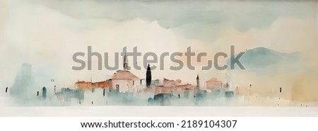 Mediterranean village. Watercolor painting of houses in Italy, Greece. South of europe beautiful sketch. Drawing of houses and trees. Pastel colors. 