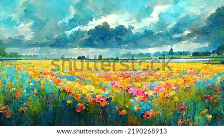 Flower fields painting. Colorful drawing of netherlands flower harvest fields. Red, green, orange watercolor. 4K Landscape, background, wallpaper.