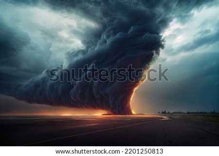 Tornado. Digital art. Massive tornado, cyclone on land with huge clouds. Thunderstorm, post apocalyptic feeling. Art landscape of natural disaster. Fantasy wallpaper. Foto stock © 