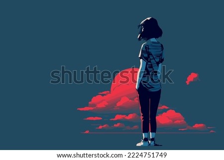 Sad girl looking in the distance. Negative unhappy feeling. Depression, loneliness. Thinking. Heartbroken woman. Nostalgic, girl thinking about the past. Emotional art. Vector, comic illustration.