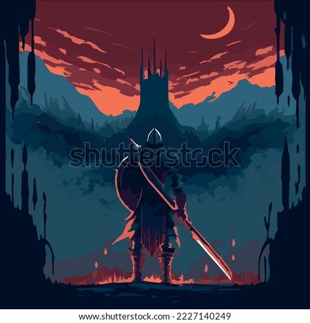 Epic warrior in medieval fantasy. Vector illustration of soldier with sword going on adventure. RPG video game concept art. Hero in armour explorring, ready to battle. Knight traveling in a fairytale