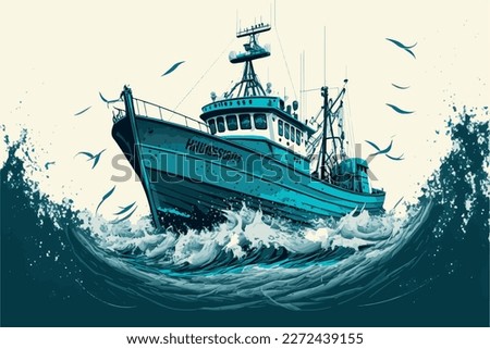 Fishing boat. Vector art illustration of boat on water. Ship floating on the sea. Marine vessel on the ocean. Fishing industry.  Motor boat. Vintage sketch of people fishing fishes. Isolated graphics