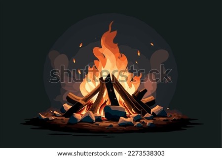 Campfire in the forest in the night. Vector illustration of fire in the nature. Traveling illustration. Holiday camp, cartoon style landscape. Mountain vacation. Bonfire in the wood for picnic. 