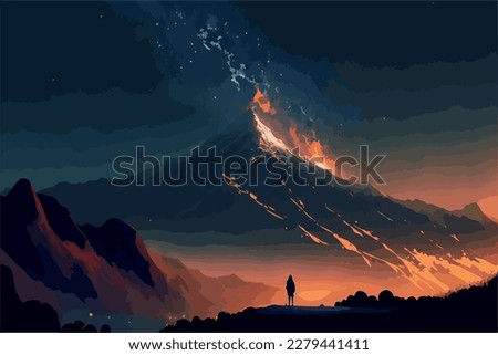 Girl looking at the mount fuji during the night. Vector art of anime woman stargazing. Beautiful atmospheric moody landscape. Relaxing scenery. Sad sihouette drawing. Japanese landmark. Japan nature.