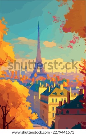 Paris city of love. Romantic poster of france capital. Vector art painting of landmark. Magical colorful artwork. Eiffel tower and architecture. Colorful  bohemian city. 