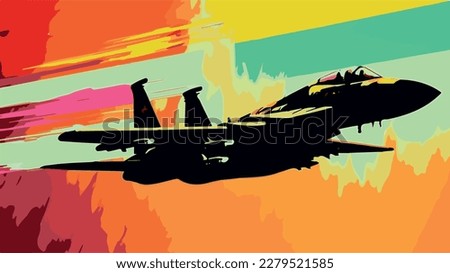 Colorful illustration of f-15 military plane. Pop art of comic vector drawing of fast army airplane. Multicolored fighter jet at supersonic speed. Poster wall art illustration. Modern cartoon aircraft