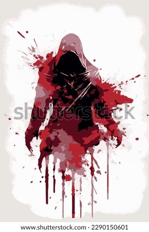 Watercolor poster of medieval assassin. Cool design of hooded thief character. Hand drawn video game artwork of man in costume sneaking in the shadow. Illustration of man wearing a cloak and sword.