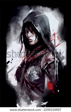 Woman assassin fantasy poster. Epic dark and skilled female warrior. Medieval lady with katana or sword  fighting the enemies. Hooded warrior. Dark young ninja, Rogue watercolor  drawing  vector art