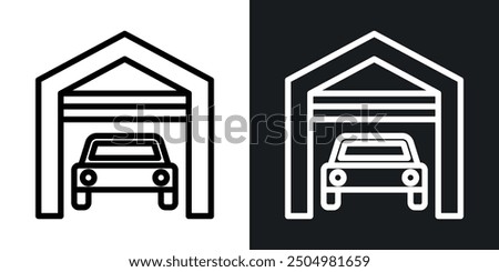 Car garage vector icon set black and white filled and outlined style.