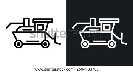 Combine harvester vector icon set black and white filled and outlined style.