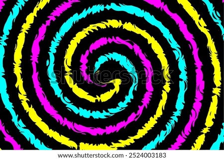 Bright spiral. Background image.
The bright rainbow spiral consists of four colors: black, yellow, pink and blue.