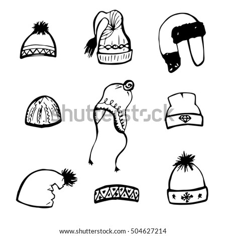 Collection of winter hats. Set of winter hats, headwear, doodle style, sketch illustration, hand drawn, Vector illustration.