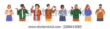 People use smartphones, chatting, making selfie, surfing internet and listening music. Men and women talking and typing on phone. Happy girls and boys characters collection. Flat illustration.