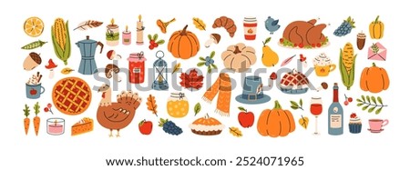 Vector flat set of Thanksgiving day. Harvest festival elements, turkey, corn, pumpkin pie, wine, autumn leaves, coffee, candle. Family holiday icons for greeting card, scrapbooking, stickers, print