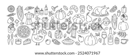 Collection Thanksgiving day items. Set of traditional autumn symbols and elements. Simple outline illustration. Harvest design elements for coloring book for children. Hand drawn isolated icon