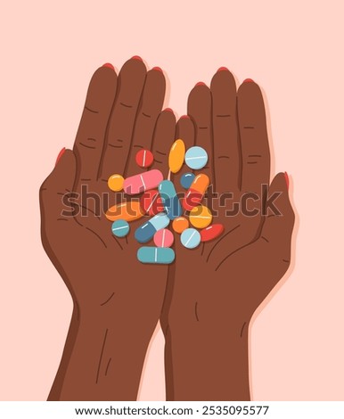 Flat illustration of female african hands holding various pills, capsules or vitamins. Top view of palms with colorful medicines. Treatment with antidepressants, painkillers. Hand drawn cartoon design