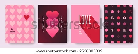 Modern abstract design of Valentines Day and Love cards set. Art concept templates for celebration with hearts and typography. Gradient vintage backgrounds for print, card, poster, banner, ads, cover