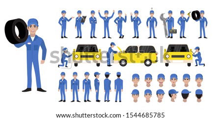 Car repair and service. Mechanic repairs and diagnostics car  of auto service. Auto mechanic cartoon character set and animation. Front, side, back, 3-4 view character. Flat vector illustration 