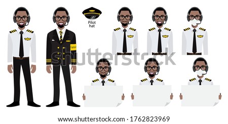 Cartoon character with Amarican African airline captain in uniform with smile , medical mask and holding poster template. Set of vector isolated illustrations