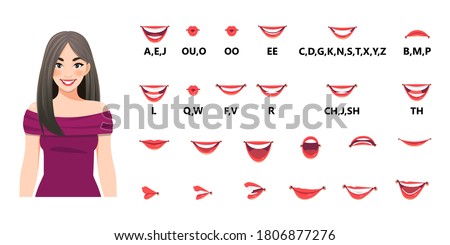 Mouth animation set. Mouths pronounce letters. Lip movement. Various open mouth options with lips, tongue and teeth. Isolated vector illustration
