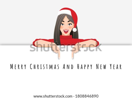 Female in Santa Claus hat standing behind the white banner and pointing down at a copy space cartoon character vector
