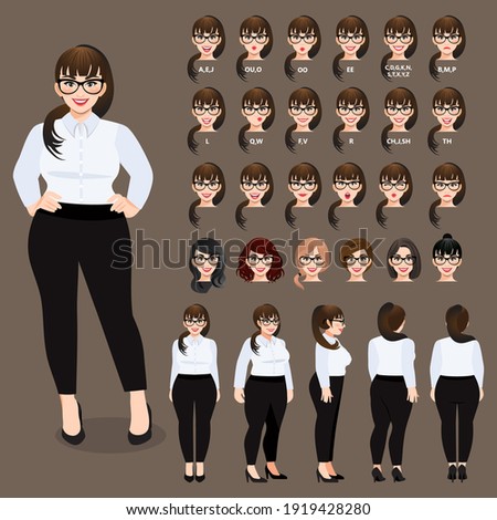 Cartoon character with plus size business woman in white shirt for animation. Front, side, back, 3-4 view character. Separate parts of body. Flat vector illustration