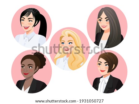 Set of business women faces in profile for pose 3-4 view character, Diversity. Avatars. Vector flat Illustration