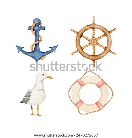 Watercolor nautical elements, rigging symbols, life buoy, steering wheel, anchor and  seagull watercolor illustration, isolated on white background vector