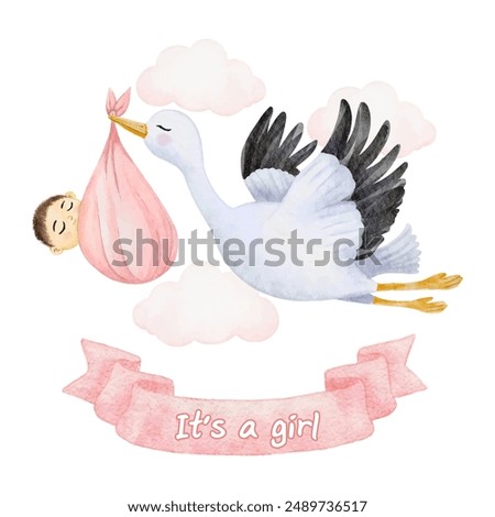 Baby shower card It's a girl with a flying stork carries a baby girl on sky background. Watercolor baby shower. Vector illustration