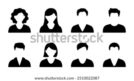 Male and female head silhouettes avatar set. Vector illustration black person portrait head. Anonymous face profile and group icon isolated on white background