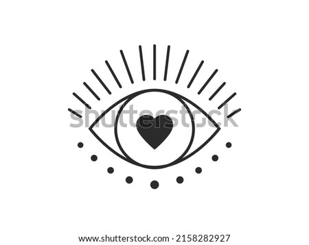 Heart Inside eye Sign.  Outline  eye with heart and editable stroke drawn in modern flat style.  Eye concept  with heart tattoo outline symbol design. 