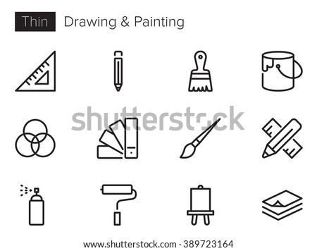 Drawing and painting Vector icons set Thin line outline