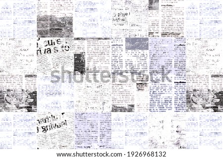 Newspaper paper grunge aged newsprint pattern background. Vintage old newspapers template texture. Unreadable news horizontal page with place for text, images. Black gray white color art collage.