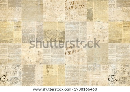 Newspaper paper grunge aged newsprint pattern background. Vintage old newspapers template texture. Unreadable news horizontal page with place for text, images. Brown art collage.