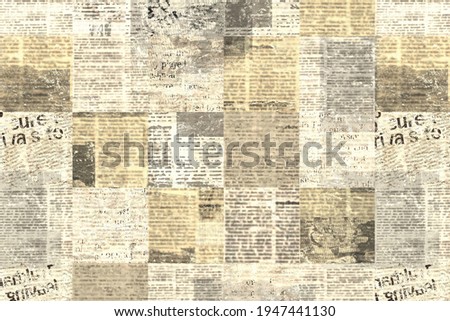 Newspaper paper grunge aged newsprint pattern background. Vintage old newspapers template texture. Unreadable news horizontal page with place for text, images. Yellow beige brown color art collage.