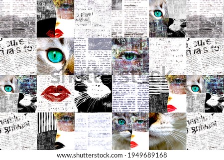 Newspaper paper grunge aged newsprint pattern background. Vintage old newspapers template texture. Unreadable news about catwoman on horizontal page. Black gray white red color art collage.