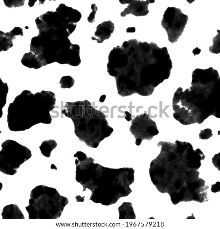Cow tie dye seamless pattern. Watercolor hand drawn black and white color ornamental spot elements background. Watercolour abstract spots texture. Print for textile, fabric, wallpaper, wrapping paper.