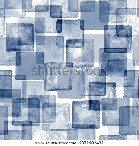 Contemporary art seamless pattern background. Abstract grunge square geometric shapes. Watercolor hand drawn blue rectangles, squares texture. Watercolour print for textile, wallpaper, wrapping paper.