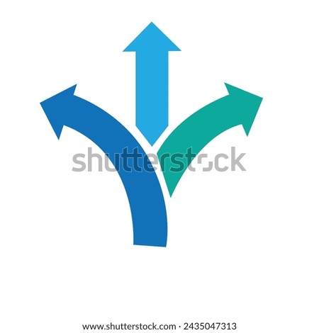 Three way direction arrows. Simple color triple arrow heads sign 8 5 4