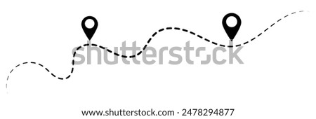 Route icon - two points with dotted path and location pin. Route location icon two pin sign and dotted line. Travel vector icon. Travel from start point and dotted line tracing.