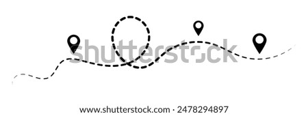 Route icon - two points with dotted path and location pin. Route location icon two pin sign and dotted line. Travel vector icon. Travel from start point and dotted line tracing.