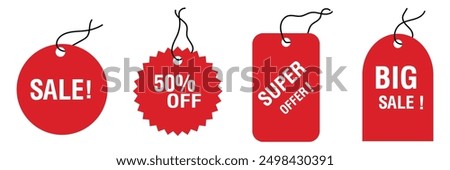 Realistic red sale labels, discount price tags mockups. Paper gift label with rope, promotional sales hanging tag vector template set. Retail product sticker elements with deal, hot price. EPS10

